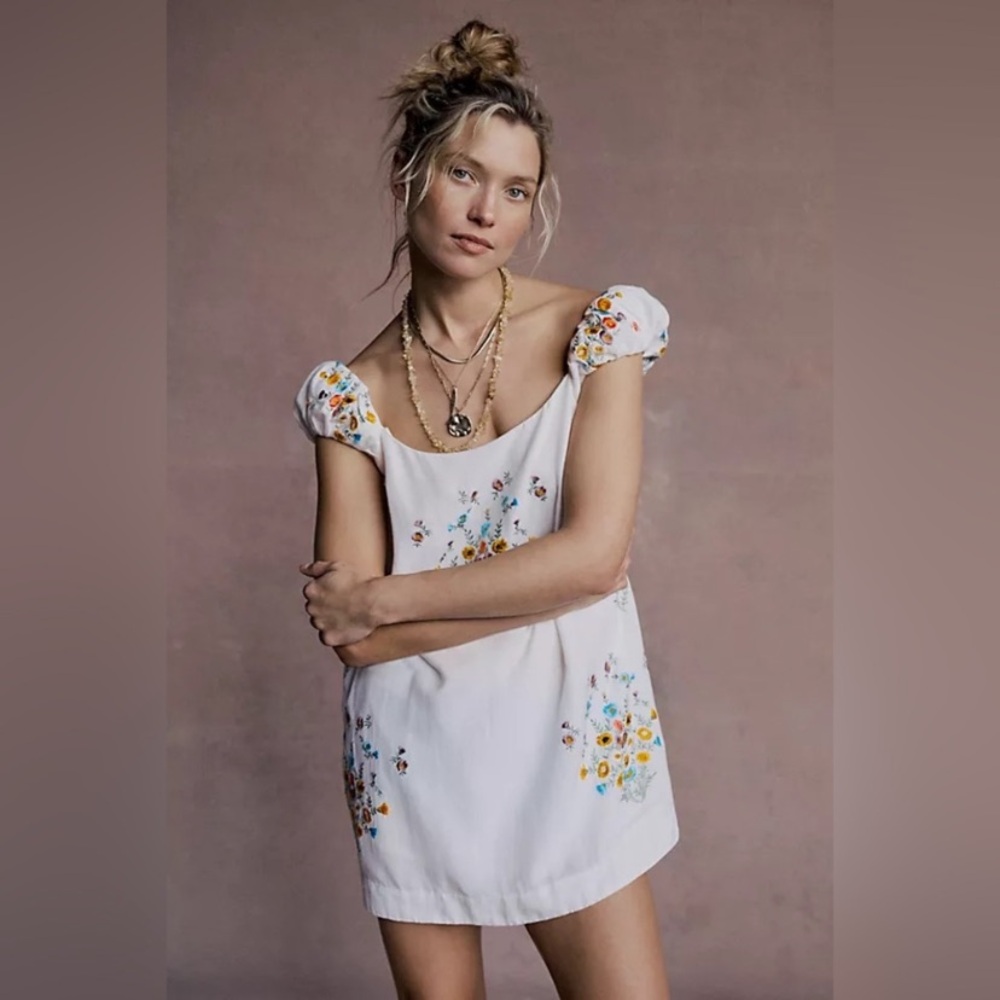 Free People Wildflower White Mini Dress with Multicolor Floral Embroidery